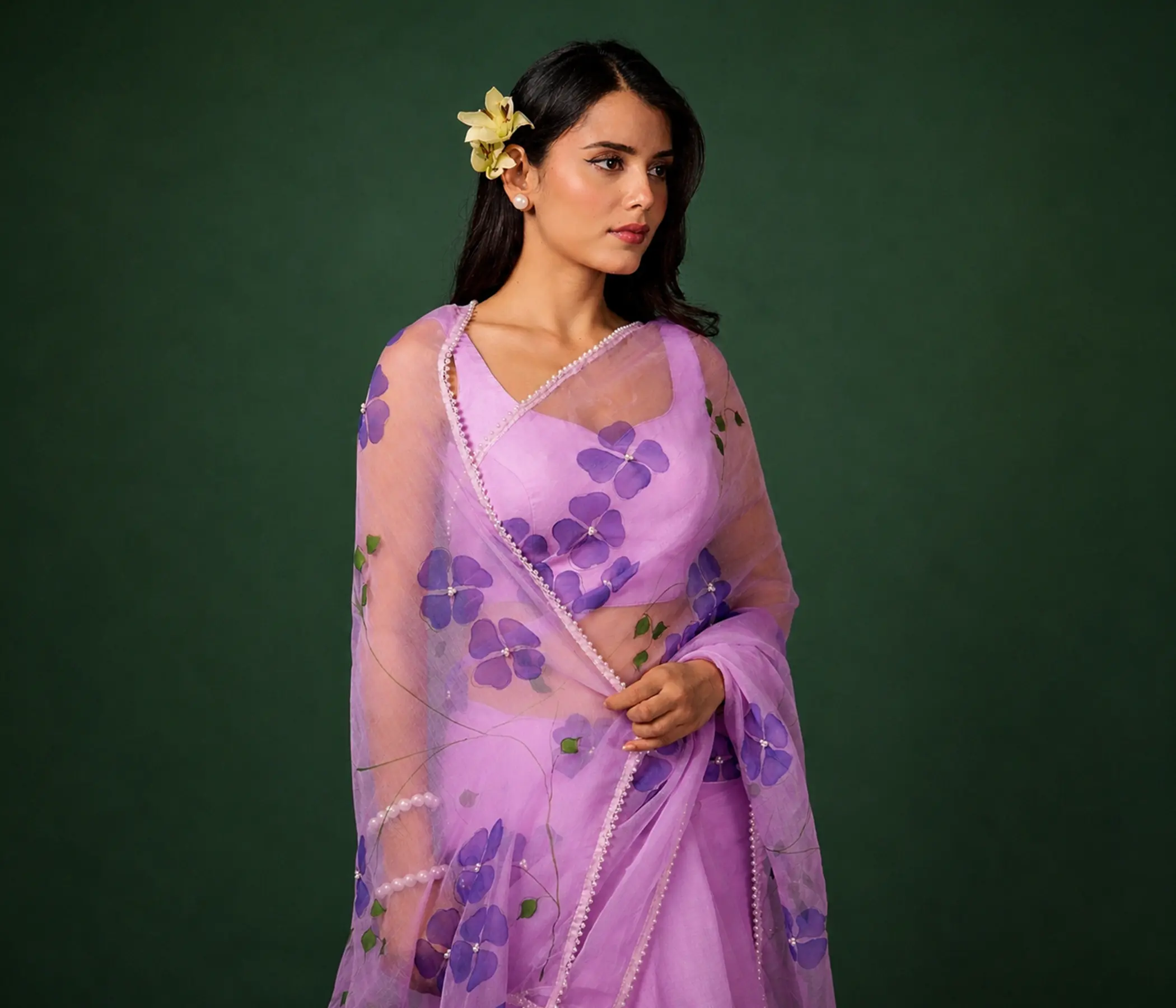 Lavender Petals Pure Organza Saree with Sleeveless Blouse